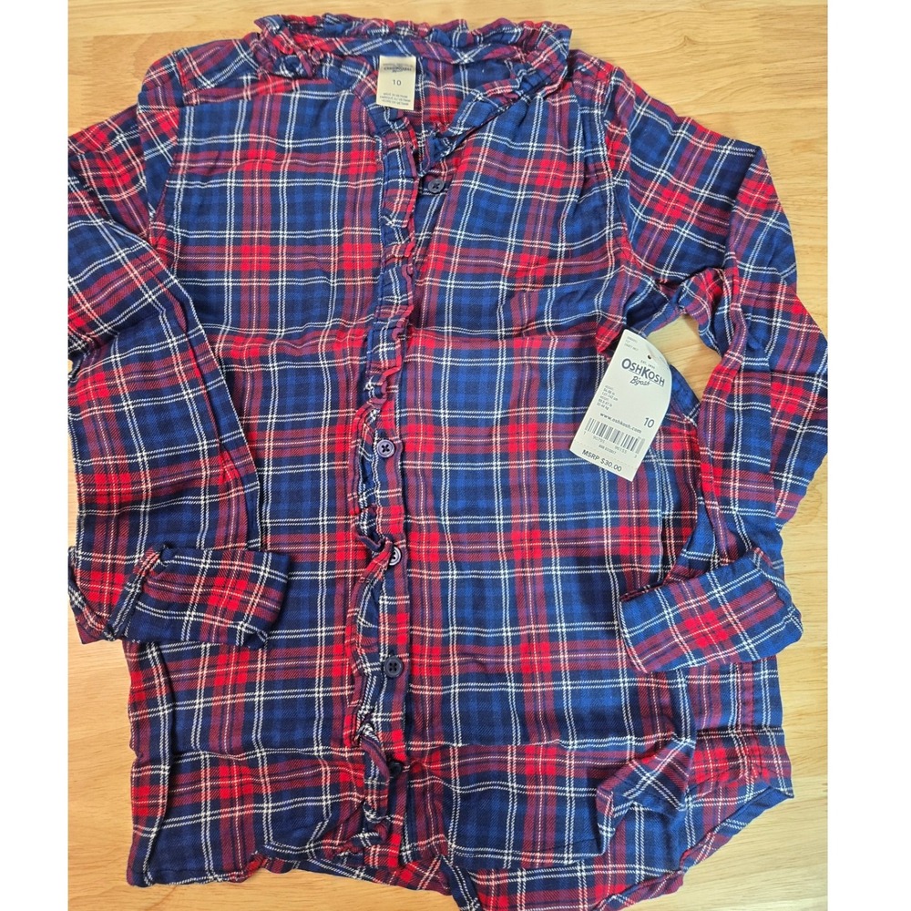 OshKosh B'gosh Girls Red Navy Blue Plaid Ruffle Button Down Shirt Size 10 NWT
